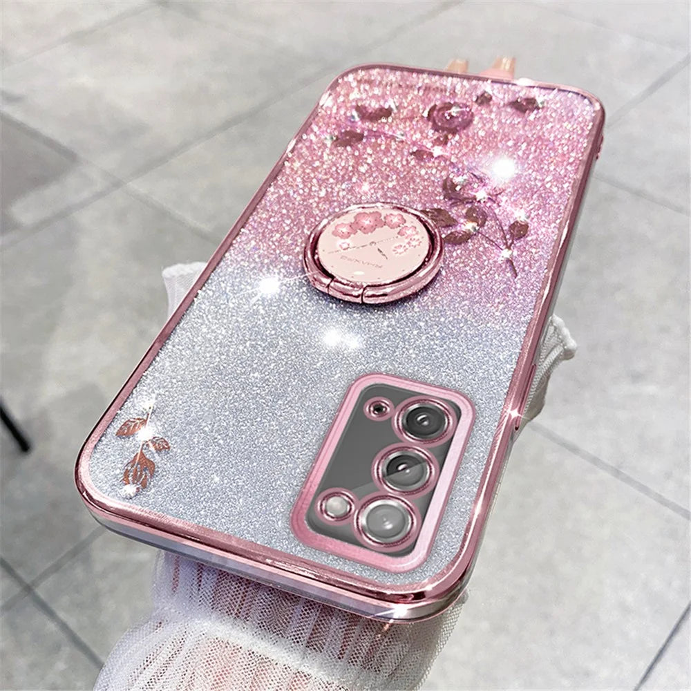 KADEM Flower Pattern Phone Case for Samsung Galaxy A31 Glitter Gradient Soft TPU Cover with Ring Kickstand - Rose Gold - 3
