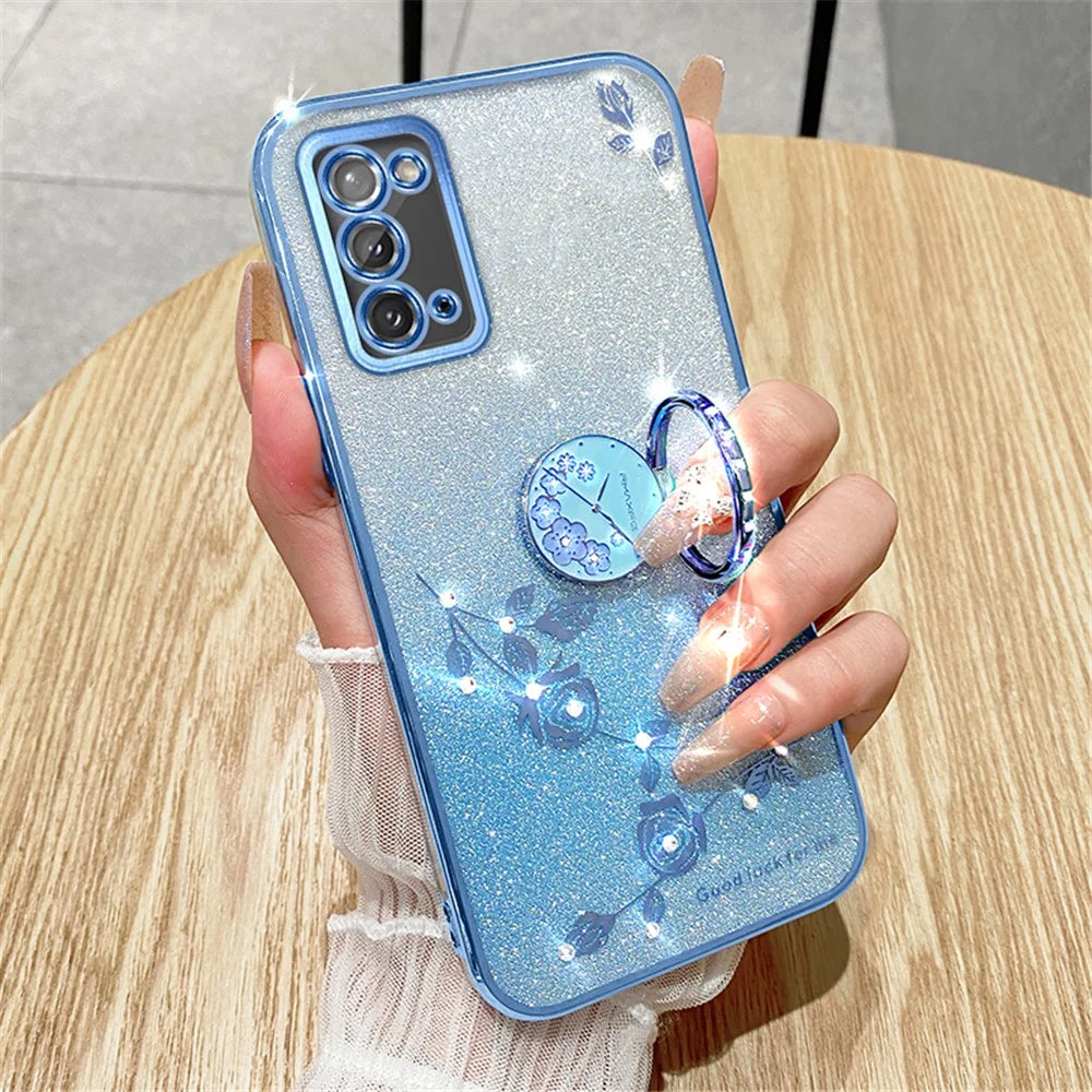 KADEM Flower Pattern Phone Case for Samsung Galaxy A31 Glitter Gradient Soft TPU Cover with Ring Kickstand - Rose Gold - 4