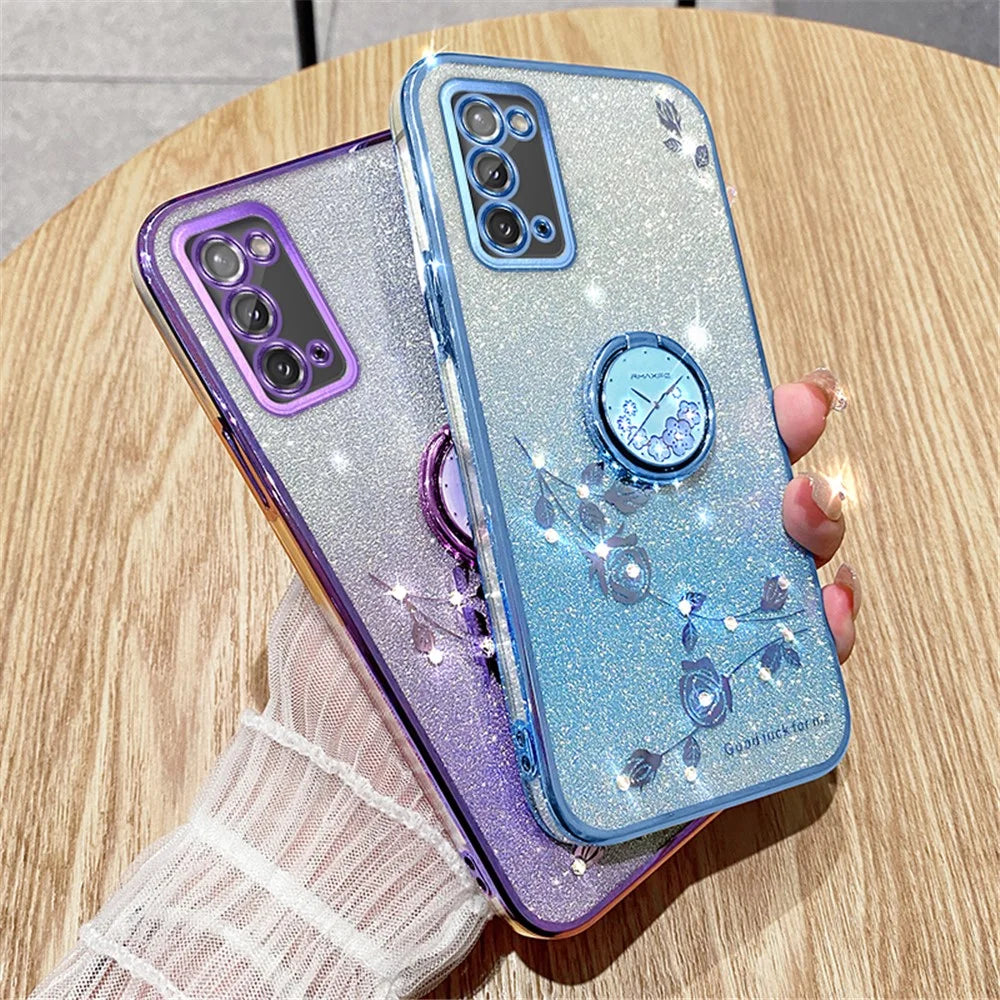 KADEM Flower Pattern Phone Case for Samsung Galaxy A31 Glitter Gradient Soft TPU Cover with Ring Kickstand - Rose Gold - 5