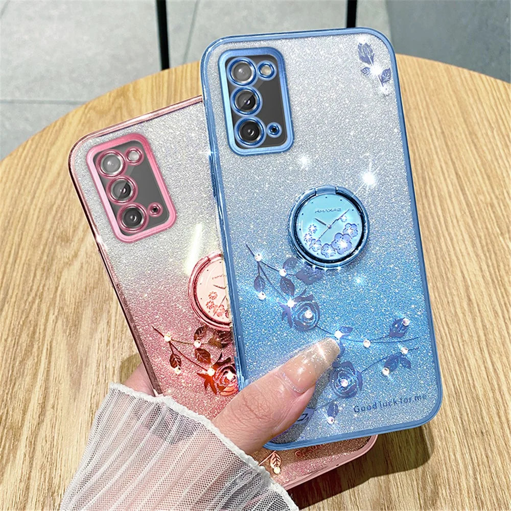 KADEM Flower Pattern Phone Case for Samsung Galaxy A31 Glitter Gradient Soft TPU Cover with Ring Kickstand - Rose Gold - 6