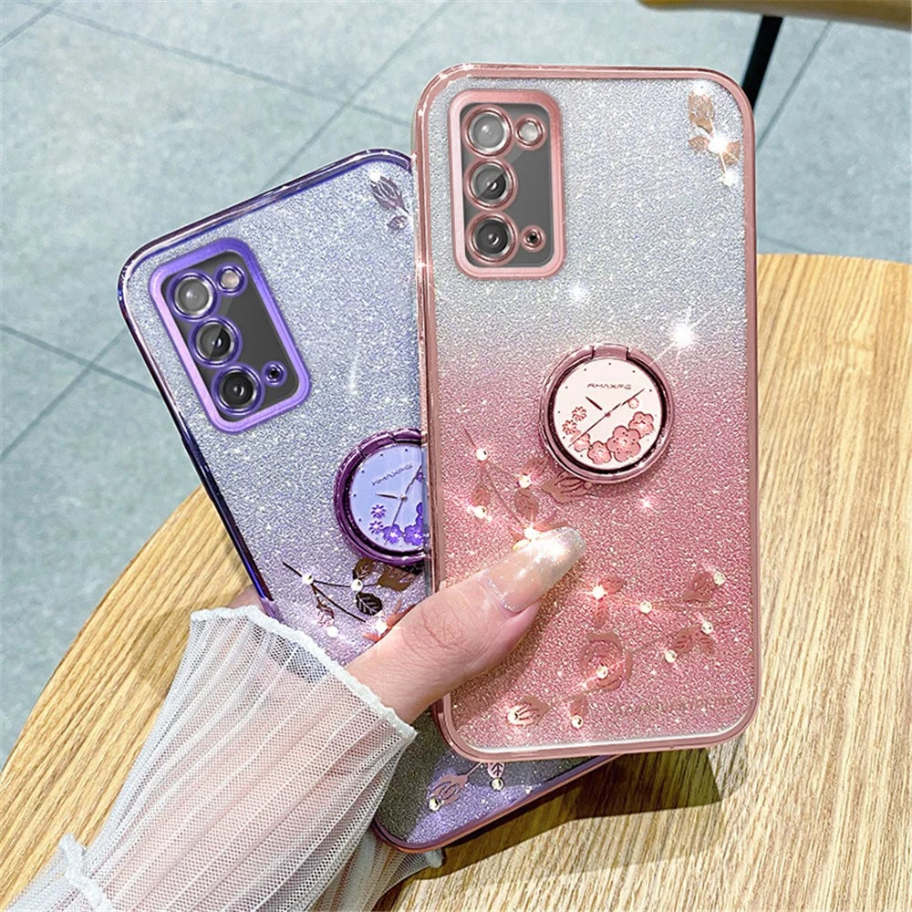KADEM Flower Pattern Phone Case for Samsung Galaxy A31 Glitter Gradient Soft TPU Cover with Ring Kickstand - Rose Gold - 7