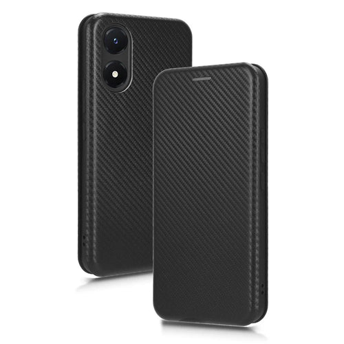 Carbon Fiber Texture Leather Case for vivo Y02s 4G , Stand Card Holder Phone Cover - Black - 1