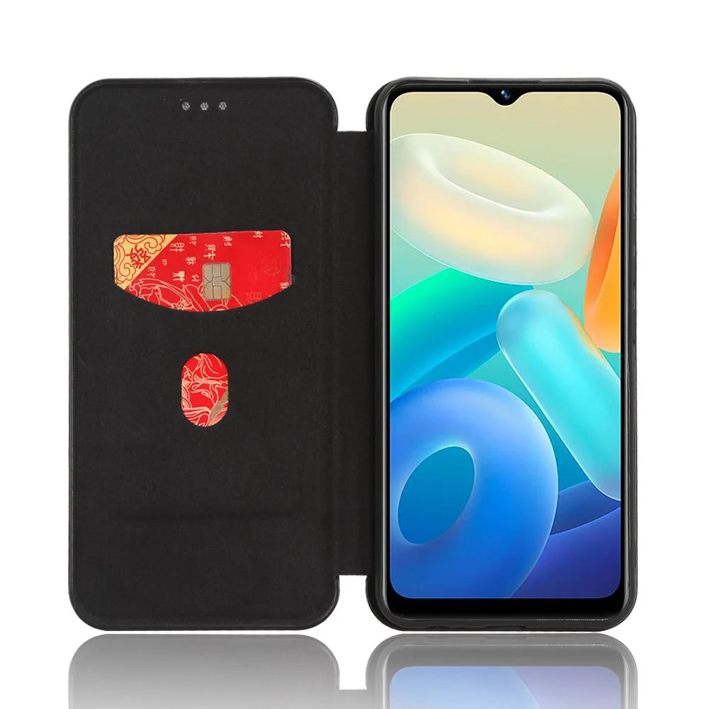 Carbon Fiber Texture Leather Case for vivo Y02s 4G , Stand Card Holder Phone Cover - Black - 3