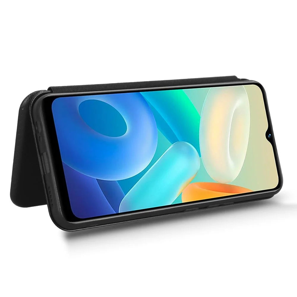 Carbon Fiber Texture Leather Case for vivo Y02s 4G , Stand Card Holder Phone Cover - Black - 4