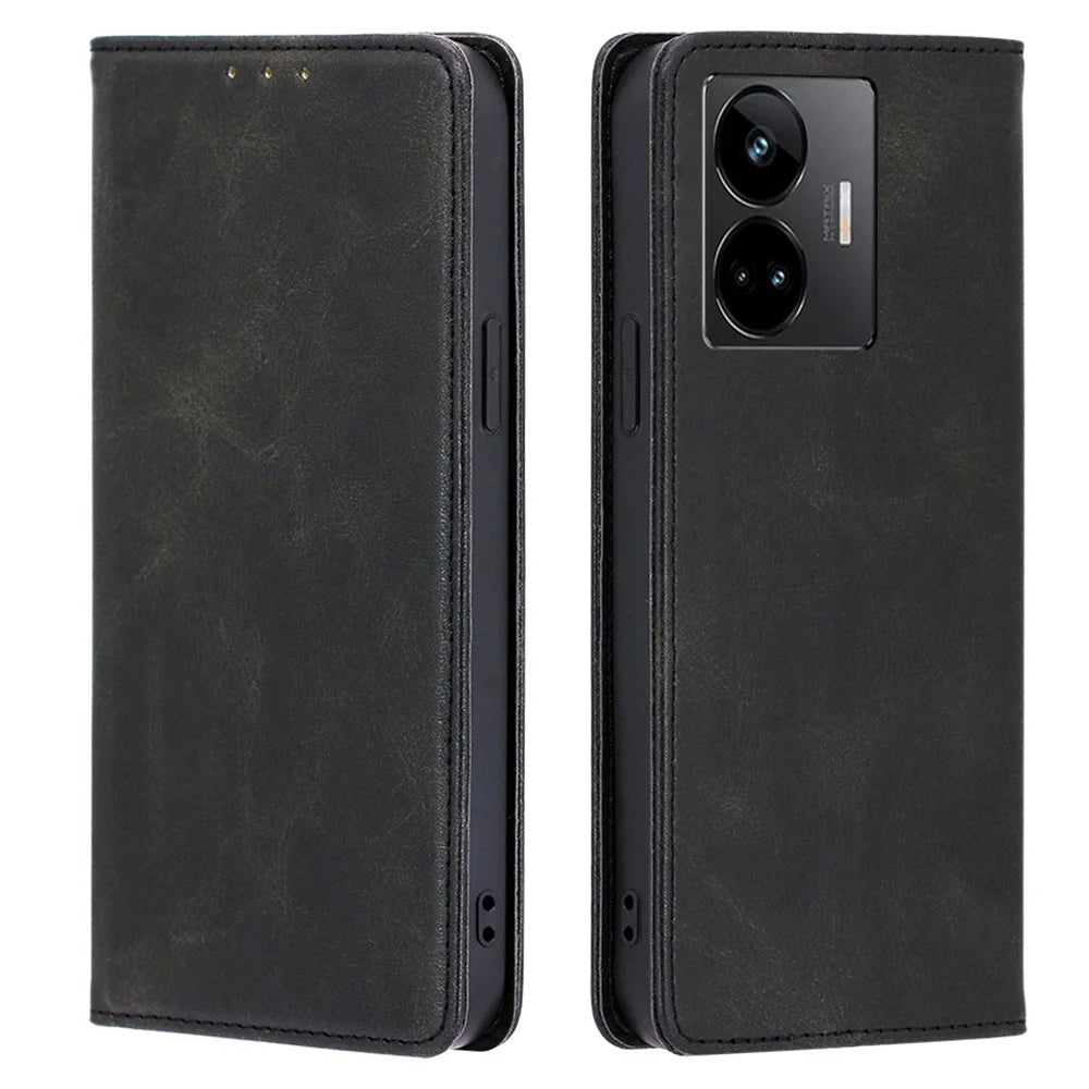 Leather Phone Case for Realme GT Neo 5 5G / GT3 5G / GT Neo 5 240W 5G Calf Texture Wallet Stand Magnetic Cover - Black - 1