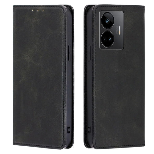 Leather Phone Case for Realme GT Neo 5 5G / GT3 5G / GT Neo 5 240W 5G Calf Texture Wallet Stand Magnetic Cover - Black - 1