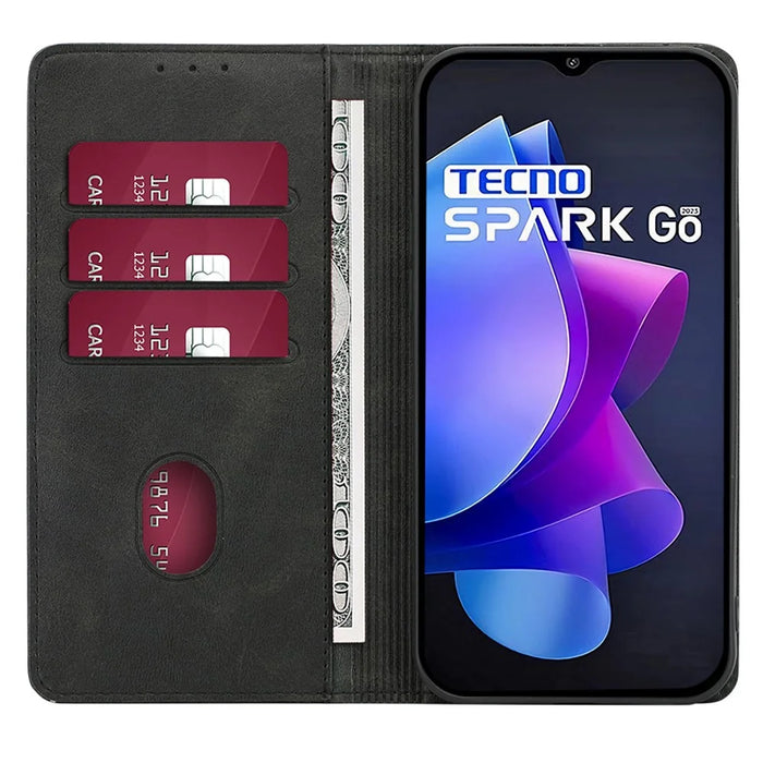 For TECNO Spark Go 2023 4G Stand Leather Phone Case Magnetic Closure Calf Texture Wallet Cover - Black - 3