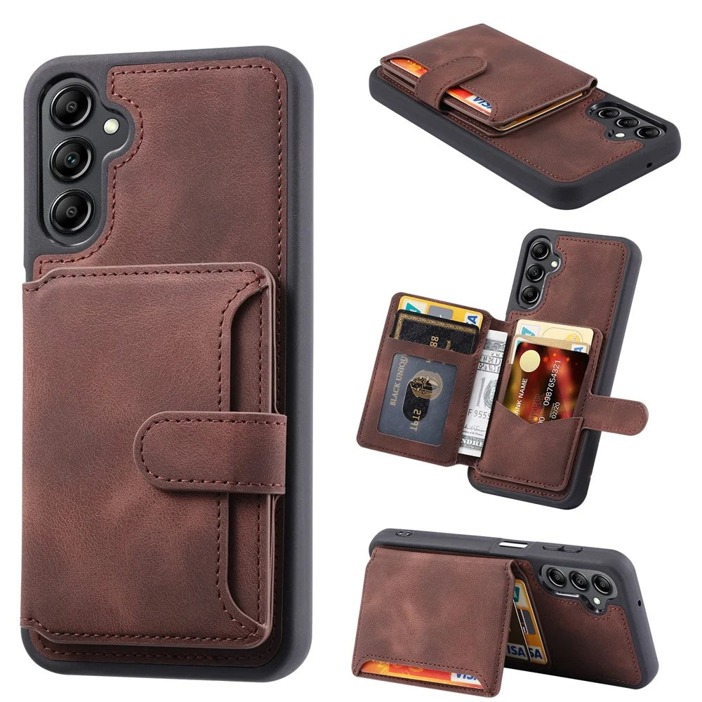 For Samsung Galaxy A24 4G (162.1 x 77.6 x 8.3mm) Kickstand RFID Blocking Phone Case PU Leather Coated TPU Wallet Back Cover - Coffee - 1