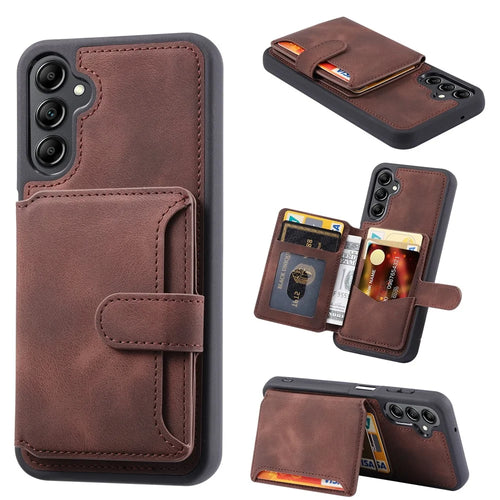 For Samsung Galaxy A24 4G (162.1 x 77.6 x 8.3mm) Kickstand RFID Blocking Phone Case PU Leather Coated TPU Wallet Back Cover - Coffee - 1