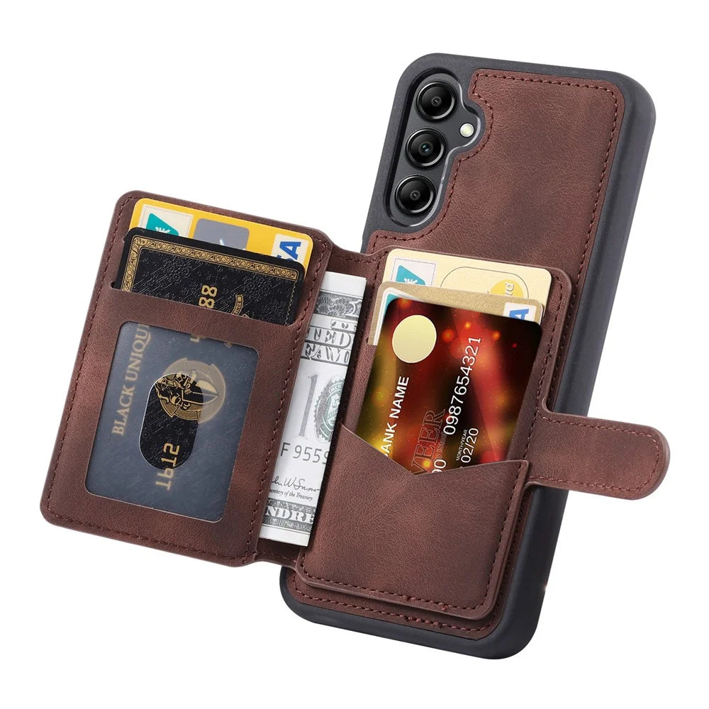 For Samsung Galaxy A24 4G (162.1 x 77.6 x 8.3mm) Kickstand RFID Blocking Phone Case PU Leather Coated TPU Wallet Back Cover - Coffee - 2
