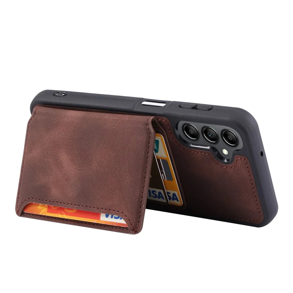 For Samsung Galaxy A24 4G (162.1 x 77.6 x 8.3mm) Kickstand RFID Blocking Phone Case PU Leather Coated TPU Wallet Back Cover - Coffee - 3