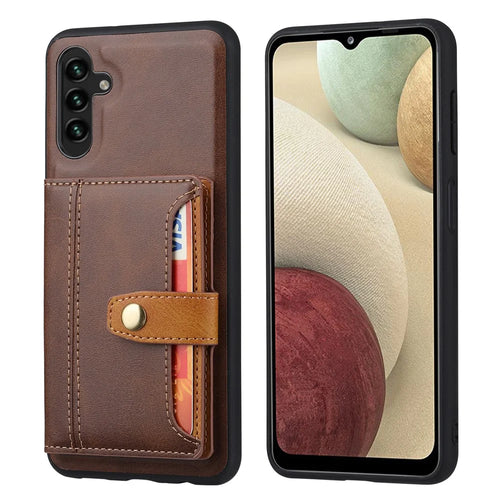 For Samsung Galaxy A24 4G (162.1 x 77.6 x 8.3mm) Kickstand Card Slot Phone Case PU Leather + TPU Calf Texture Anti-Scratch Cover - Brown - 1