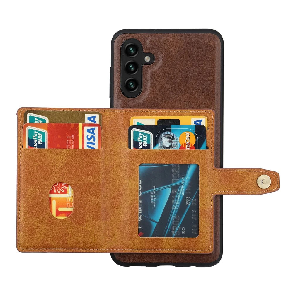 For Samsung Galaxy A24 4G (162.1 x 77.6 x 8.3mm) Kickstand Card Slot Phone Case PU Leather + TPU Calf Texture Anti-Scratch Cover - Brown - 3