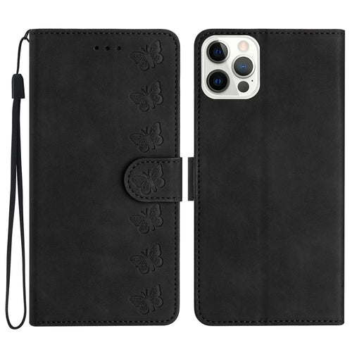 For iPhone 13 Pro 6.1 inch Butterfly Imprinted Full Protection Cover PU Leather Wallet Stand Phone Case - Black - 1