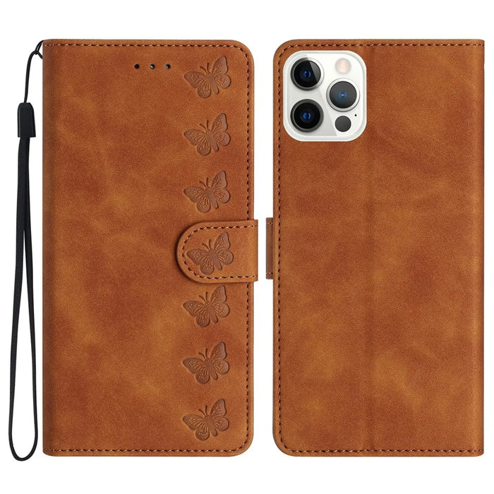For iPhone 12 Pro Max 6.7 inch Butterfly Imprinted Phone Case Folding Stand Leather Wallet Cover - Brown - 1