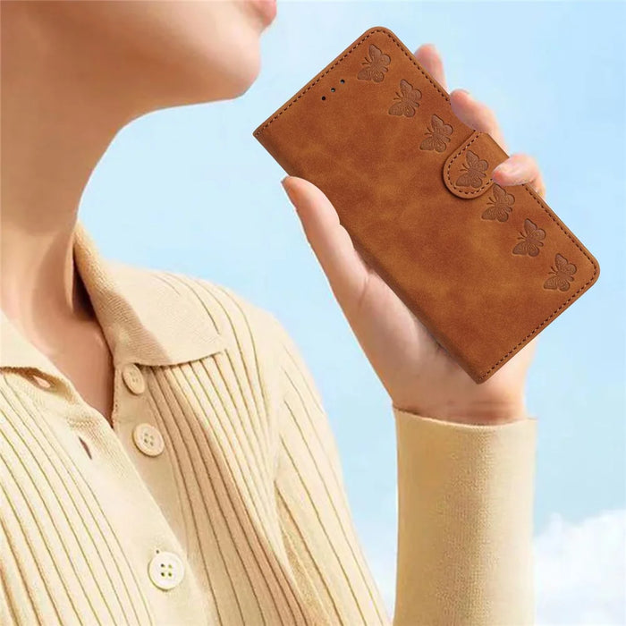 For iPhone 12 Pro Max 6.7 inch Butterfly Imprinted Phone Case Folding Stand Leather Wallet Cover - Brown - 7
