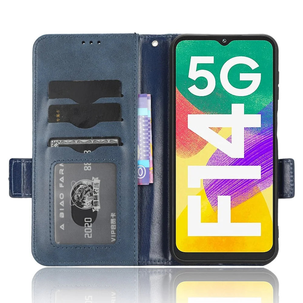 For Samsung Galaxy F14 5G Stand Wallet PU Leather Phone Case Imprinted Triangle Phone Cover - Blue - 2