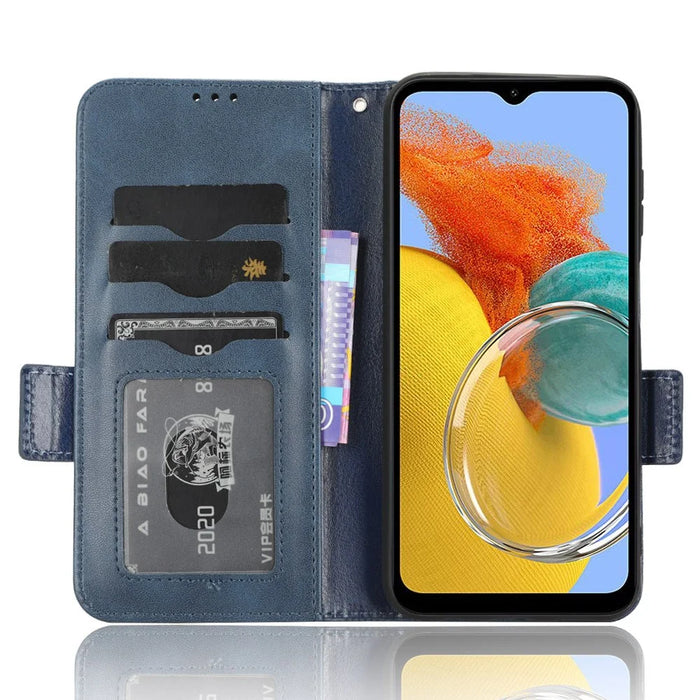 For Samsung Galaxy M14 5G PU Leather Phone Wallet Case Imprinted Triangle Stand Phone Cover - Blue - 2