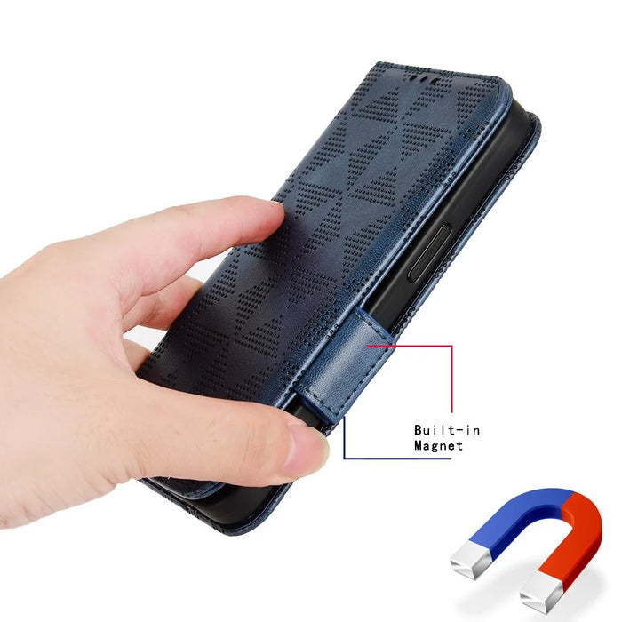 For Samsung Galaxy M14 5G PU Leather Phone Wallet Case Imprinted Triangle Stand Phone Cover - Blue - 5