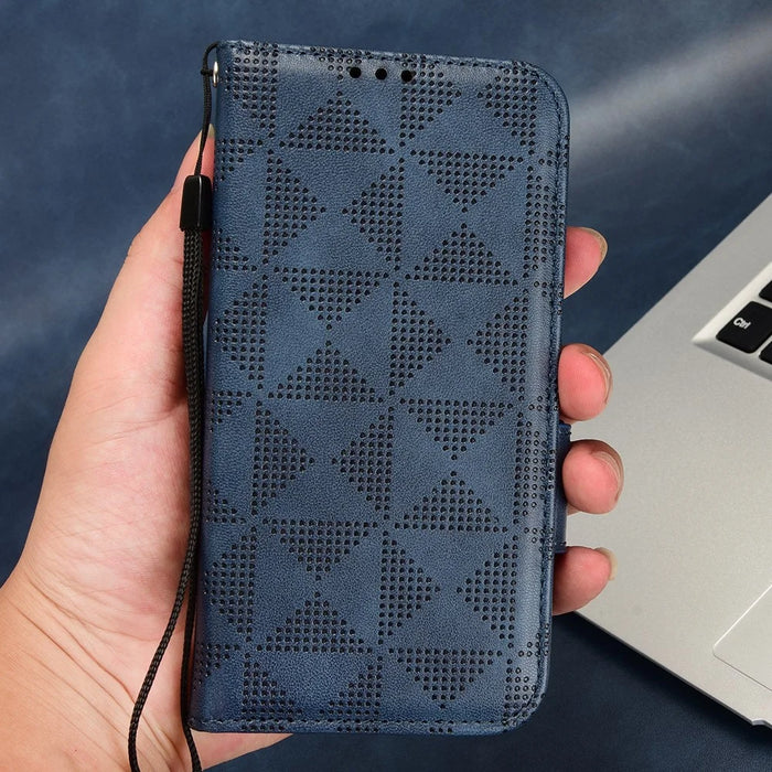 For Samsung Galaxy M14 5G PU Leather Phone Wallet Case Imprinted Triangle Stand Phone Cover - Blue - 7
