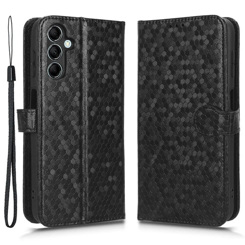 For Samsung Galaxy M14 5G Dot Pattern Imprinted Leather Wallet Case Stand Phone Cover - Black - 1