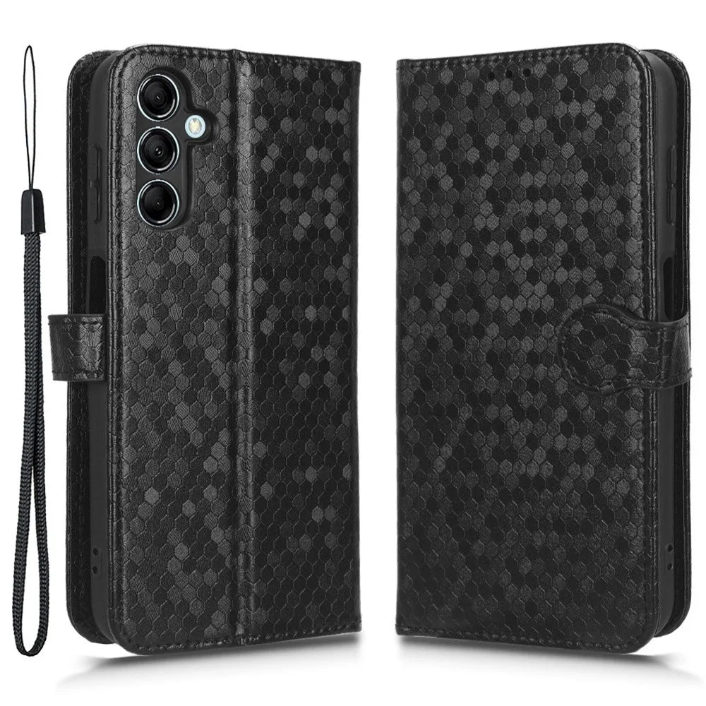 For Samsung Galaxy M14 5G Dot Pattern Imprinted Leather Wallet Case Stand Phone Cover - Black - 1