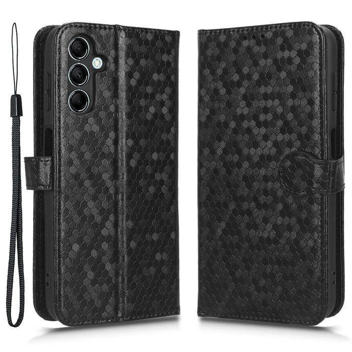 For Samsung Galaxy M14 5G Dot Pattern Imprinted Leather Wallet Case Stand Phone Cover - Black - 1