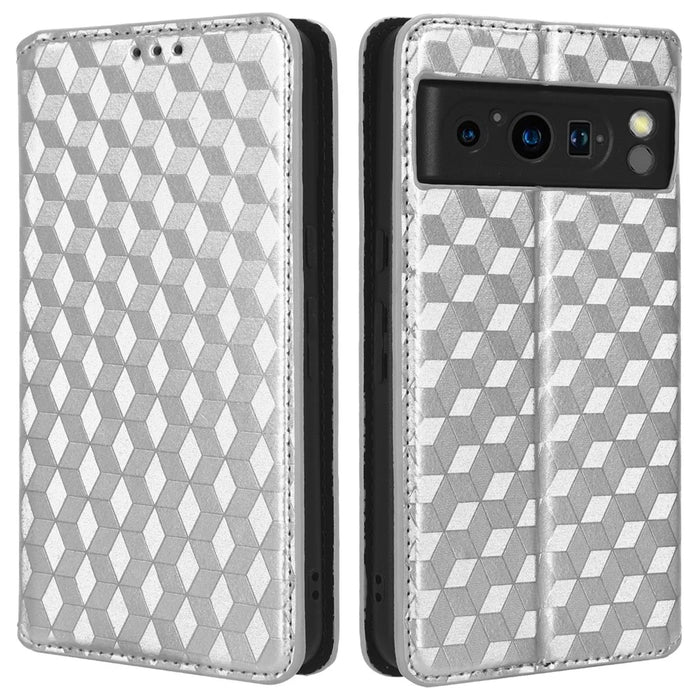 For Google Pixel 8 Pro PU Leather Flip Magnetic Cover Rhombus Imprinted Wallet Stand Phone Case - Silver - 1