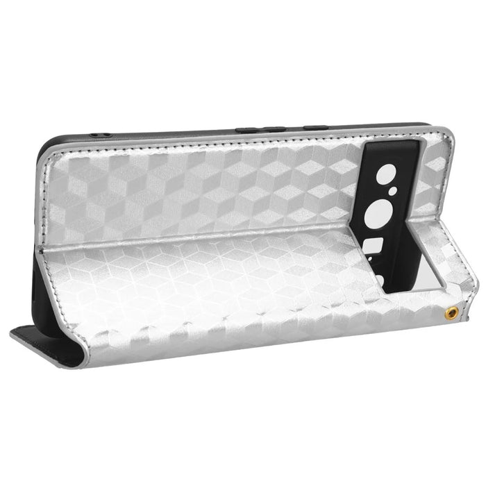 For Google Pixel 8 Pro PU Leather Flip Magnetic Cover Rhombus Imprinted Wallet Stand Phone Case - Silver - 3
