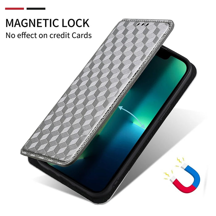 For Google Pixel 8 Pro PU Leather Flip Magnetic Cover Rhombus Imprinted Wallet Stand Phone Case - Silver - 4