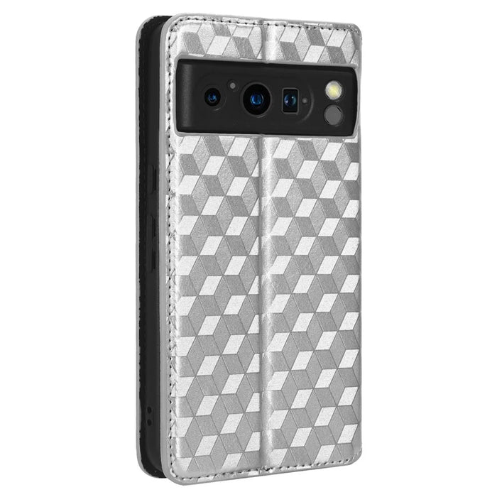 For Google Pixel 8 Pro PU Leather Flip Magnetic Cover Rhombus Imprinted Wallet Stand Phone Case - Silver - 7