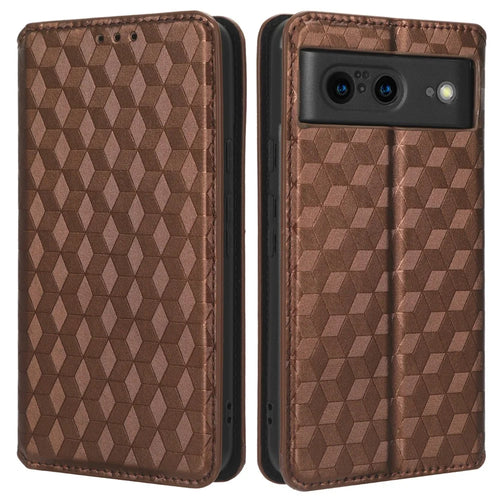 For Google Pixel 8 PU Leather Rhombus Imprinted Phone Case Wallet Stand Secure Magnetic Cover - Brown - 1