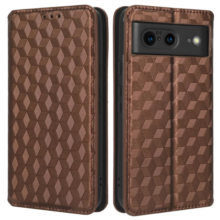 For Google Pixel 8 PU Leather Rhombus Imprinted Phone Case Wallet Stand Secure Magnetic Cover - Brown - 1