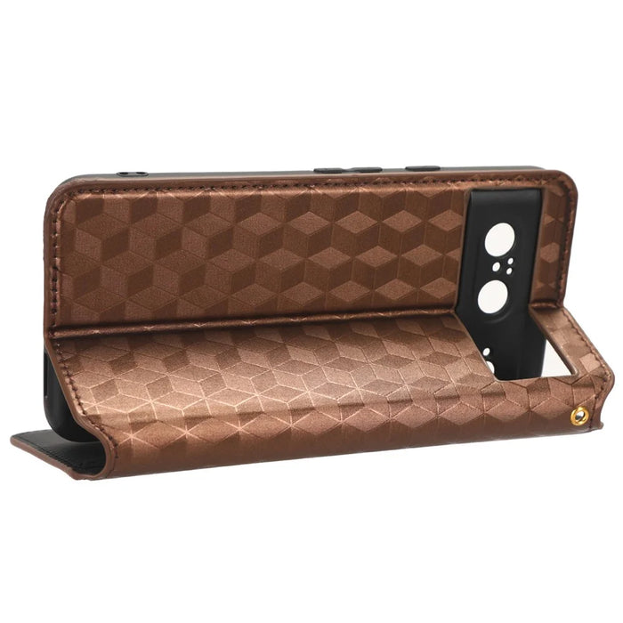 For Google Pixel 8 PU Leather Rhombus Imprinted Phone Case Wallet Stand Secure Magnetic Cover - Brown - 3