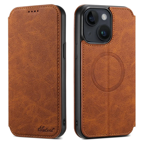 SUTENI J06 Wallet Phone Case for iPhone 14 Plus , Magnetic PU Leather Stand Cover Compatible with MagSafe Charger - Khaki - 1