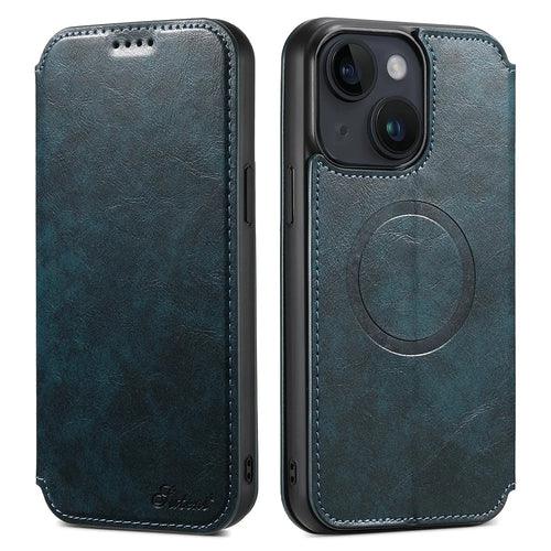 SUTENI J05 Compatible with MagSafe Cell Phone Cover For iPhone 14 Plus Magnetic Stand Wallet PU Leather Case - Blue - 1