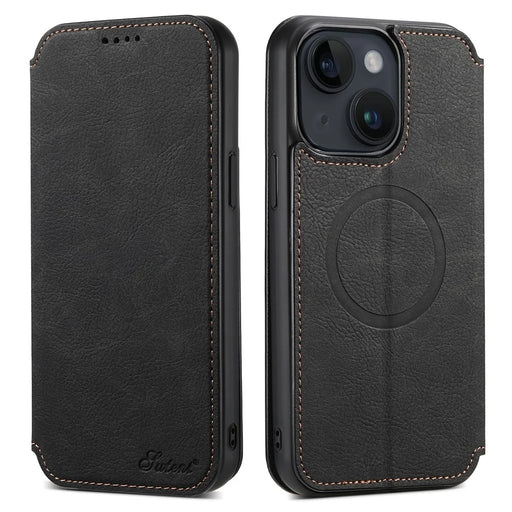 SUTENI J06 For iPhone 13 6.1 inch Wallet Phone Case Stand Leather Phone Cover Compatible with MagSafe - Black - 1