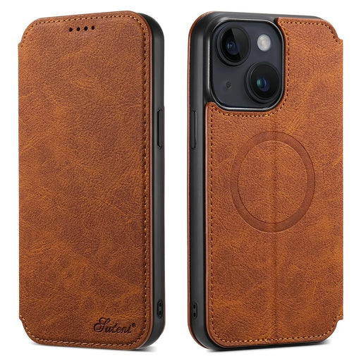 SUTENI J06 For iPhone 14 Magnetic Auto-closing Wallet Phone Cover Stand Leather Phone Case Compatible with MagSafe - Khaki - 1
