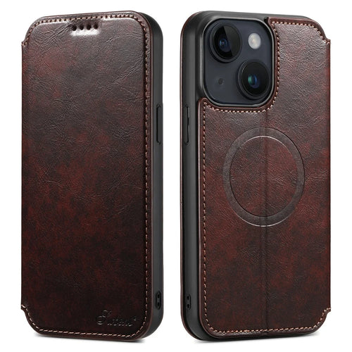 SUTENI J05 For iPhone 13 6.1 inch Dustproof Phone Case Stand Wallet Leather Cover Compatible with MagSafe - Brown - 1