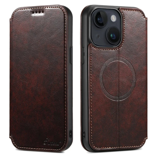 SUTENI J05 For iPhone 13 6.1 inch Dustproof Phone Case Stand Wallet Leather Cover Compatible with MagSafe - Brown - 1