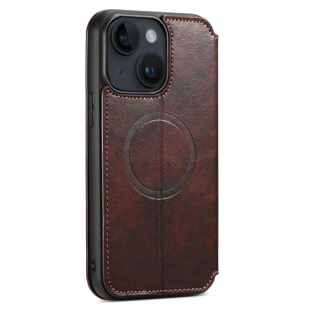SUTENI J05 For iPhone 13 6.1 inch Dustproof Phone Case Stand Wallet Leather Cover Compatible with MagSafe - Brown - 6
