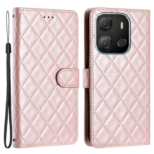 For TECNO Pop 7 Stitching Line Rhombus Phone Case PU Leather Wallet Stand Protective Cover - Rose Gold - 1