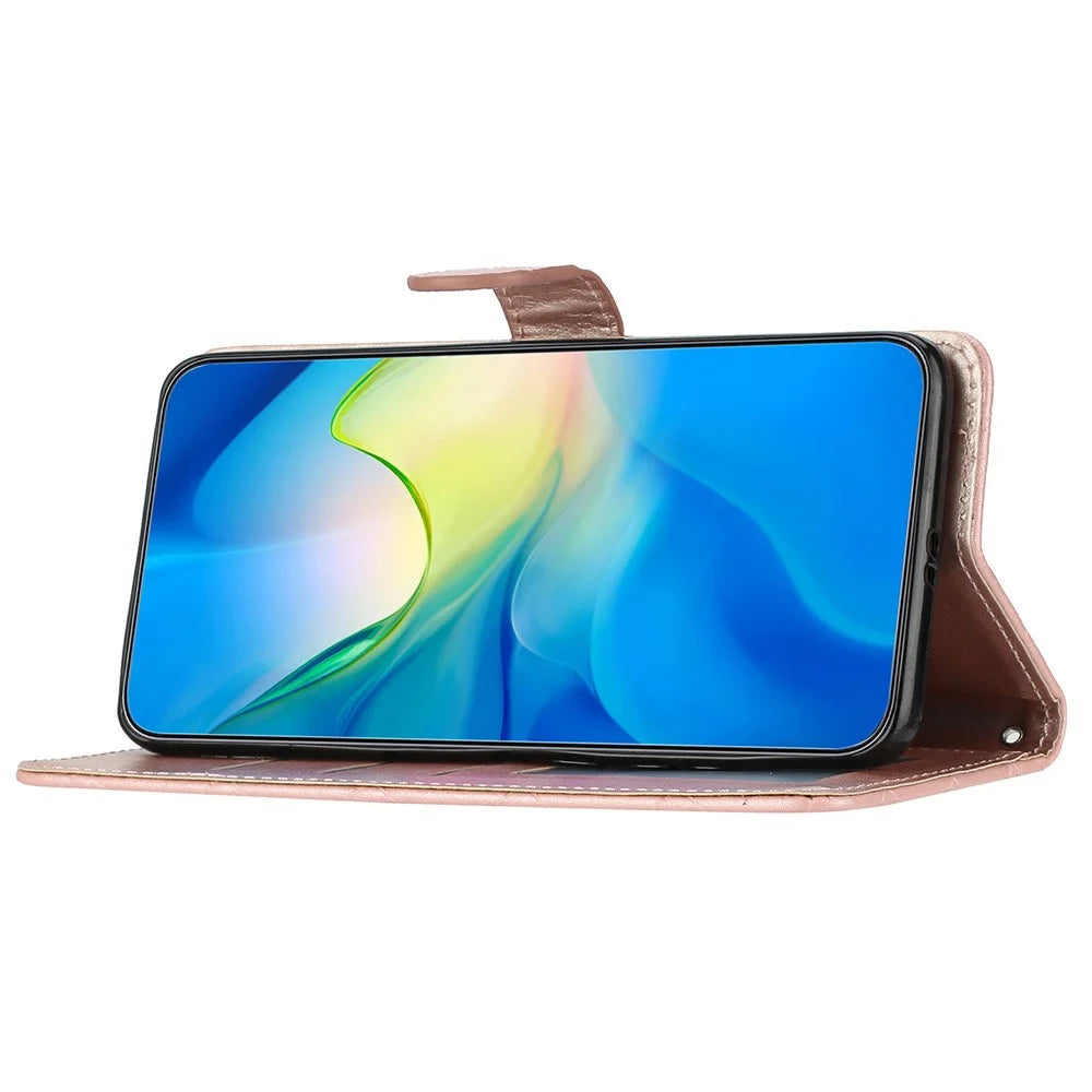 For TECNO Pop 7 Stitching Line Rhombus Phone Case PU Leather Wallet Stand Protective Cover - Rose Gold - 3