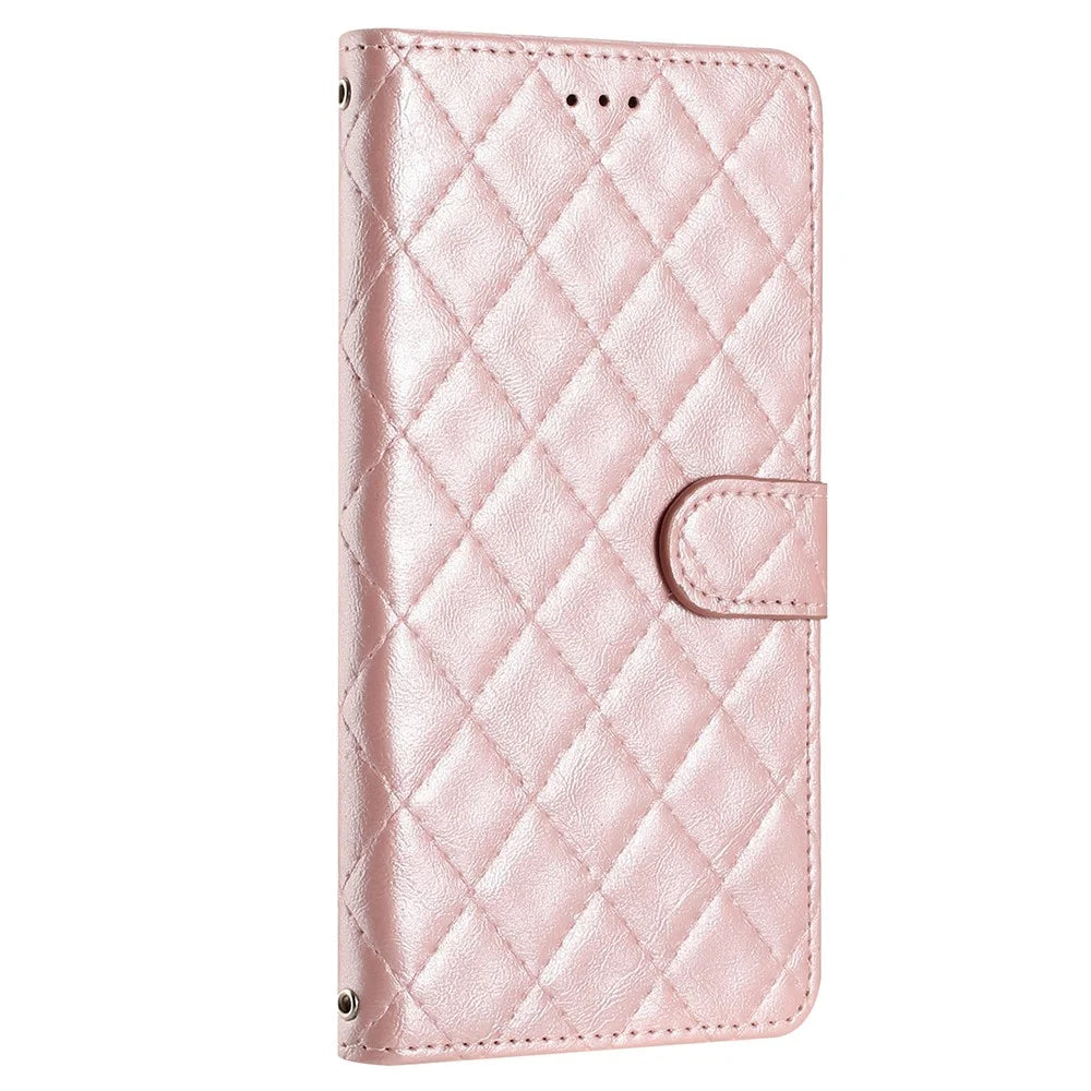 For TECNO Pop 7 Stitching Line Rhombus Phone Case PU Leather Wallet Stand Protective Cover - Rose Gold - 7