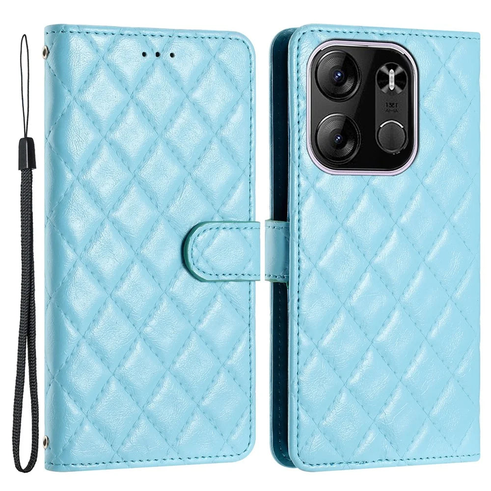For TECNO Pop 7 Pro 4G Stitching Line Rhombus Leather Case Wallet Stand Shockproof Phone Cover - Sky Blue - 1