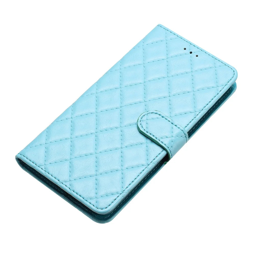 For TECNO Pop 7 Pro 4G Stitching Line Rhombus Leather Case Wallet Stand Shockproof Phone Cover - Sky Blue - 4