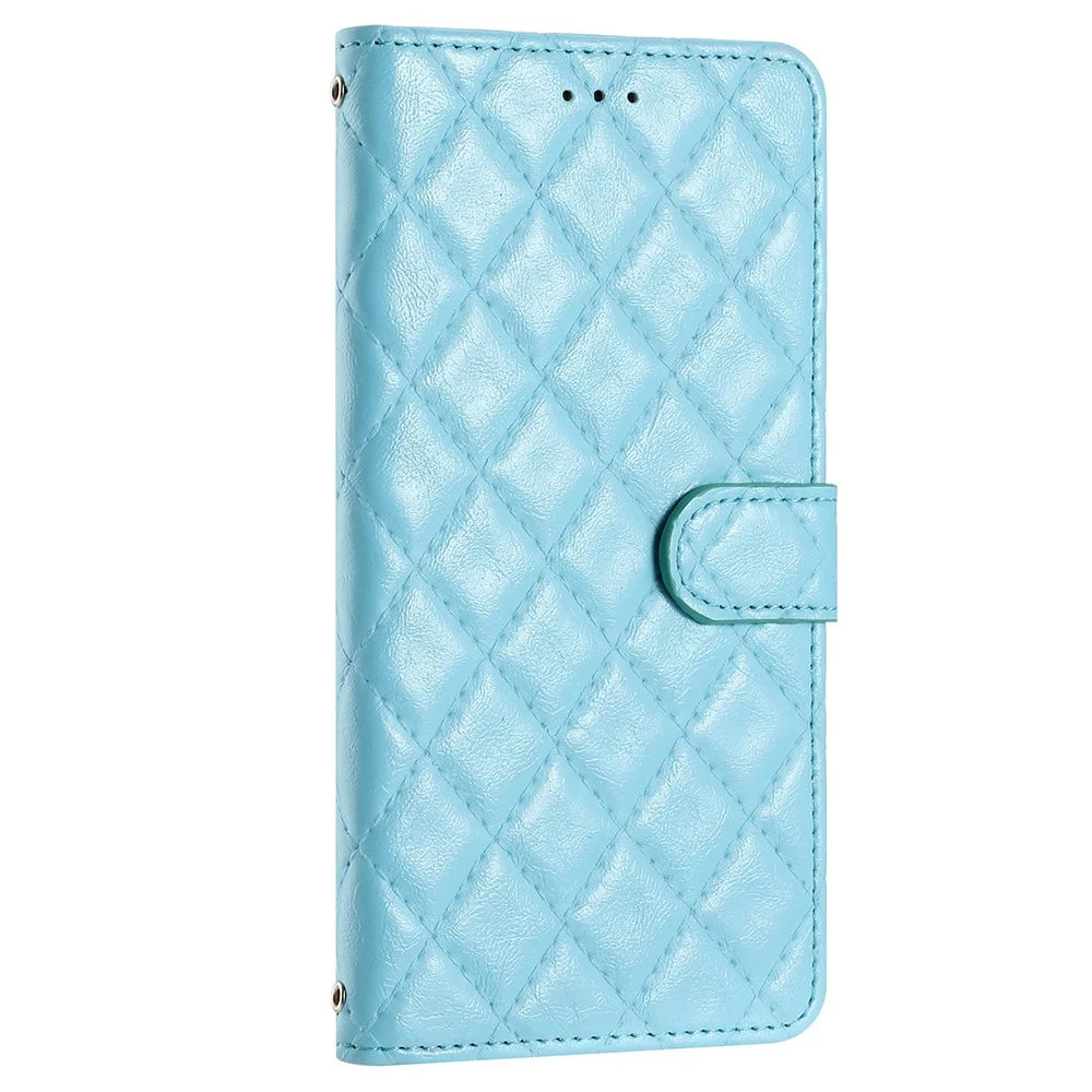 For TECNO Pop 7 Pro 4G Stitching Line Rhombus Leather Case Wallet Stand Shockproof Phone Cover - Sky Blue - 6