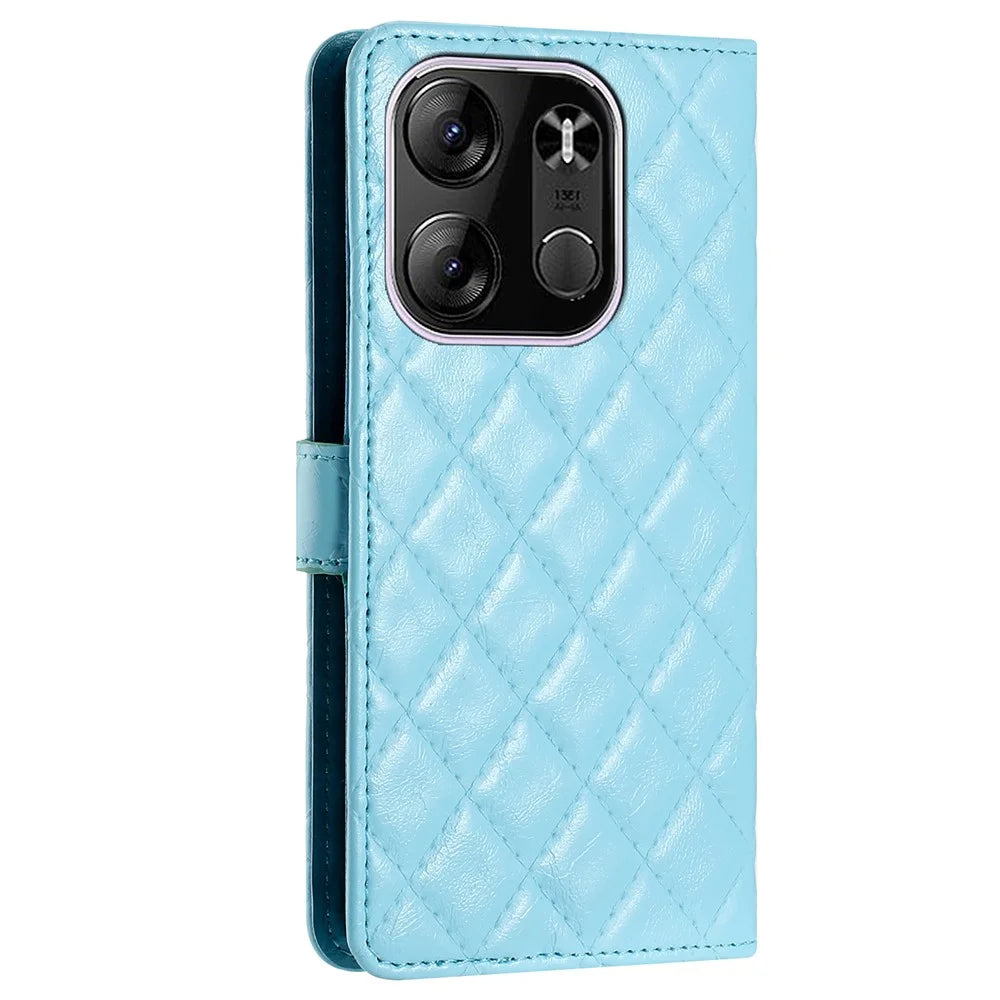 For TECNO Pop 7 Pro 4G Stitching Line Rhombus Leather Case Wallet Stand Shockproof Phone Cover - Sky Blue - 7