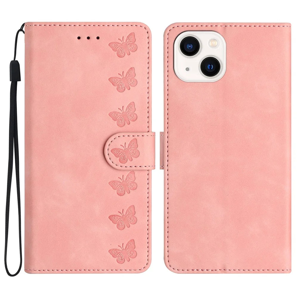 For iPhone 13 6.1 inch Butterfly Imprinted PU Leather Stand Phone Case Drop-proof Wallet Shell - Pink - 1