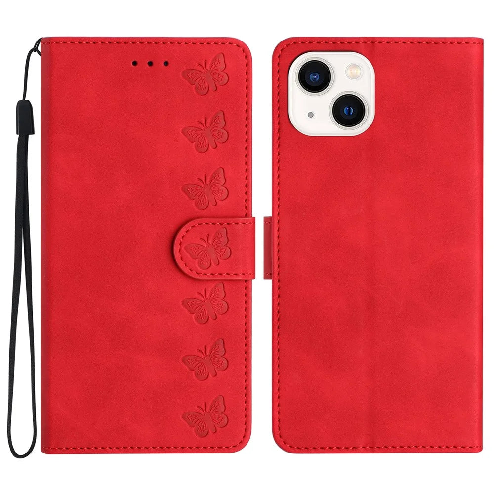 For iPhone 14 PU Leather Stand Wallet Phone Case Butterfly Imprinted Full Protection Cover - Red - 1